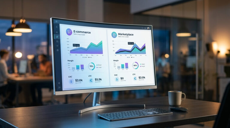 Monitor de computador em escritório moderno exibindo gráficos de desempenho lado a lado, ajudando a entender visualmente qual a diferença entre e-commerce e marketplace.