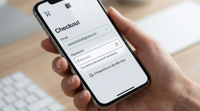 Celular exibindo tela de checkout simples e otimizada, um dos elementos essenciais para entender e alcançar qual a taxa de conversão ideal para carrinho de compras no e-commerce.