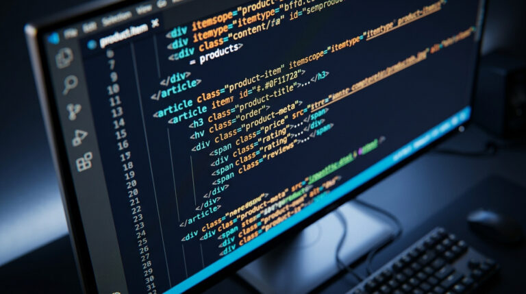 Monitor de computador exibindo linhas de código de programação de um site, representando o desenvolvimento tecnológico e a importância do aplicativo para o e-commerce.
