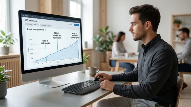Profissional de marketing digital em um escritório analisando no monitor um gráfico de crescimento orgânico que ilustra quanto tempo demora para o seo ganhar posições no google.