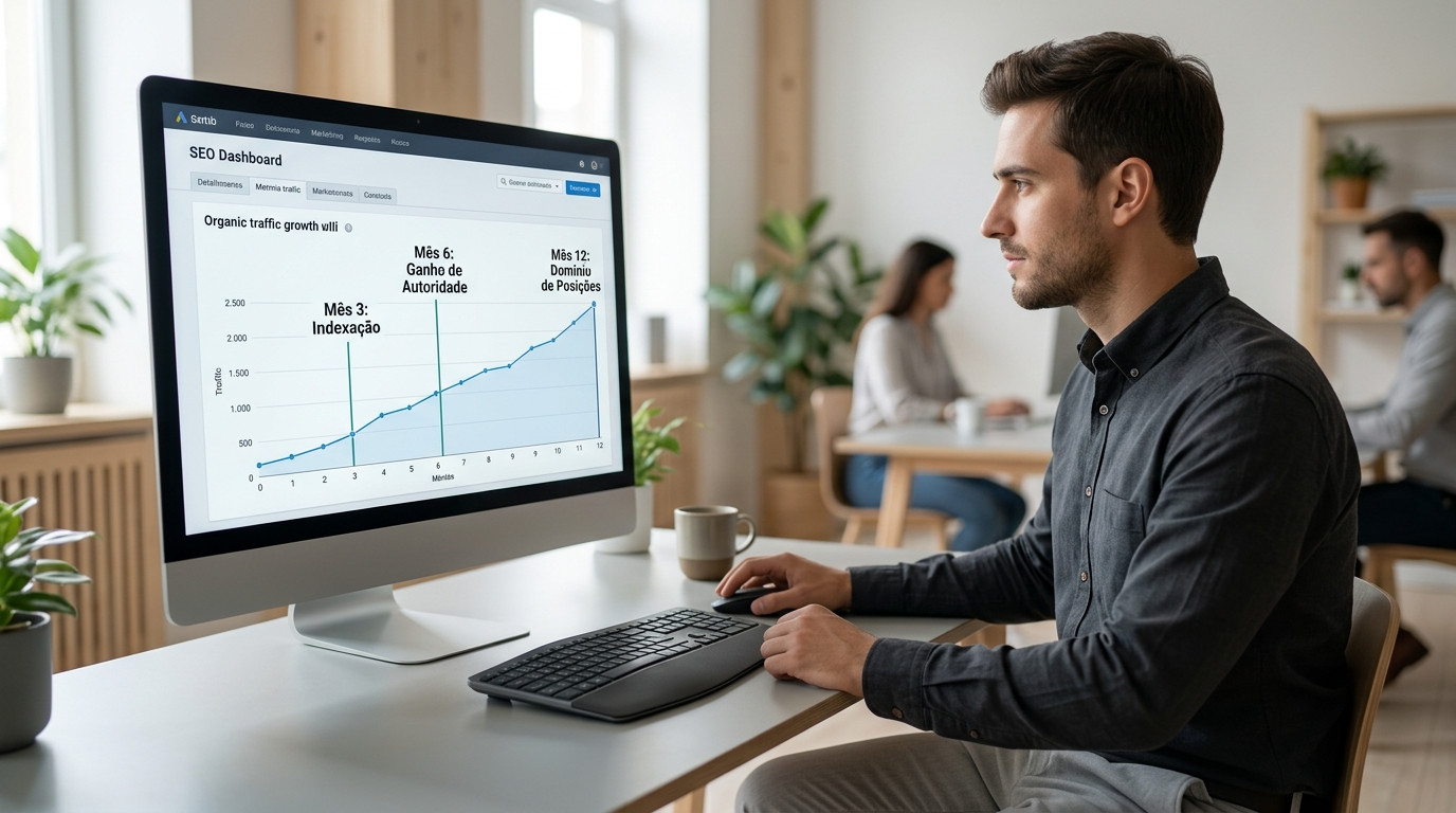 Profissional de marketing digital em um escritório analisando no monitor um gráfico de crescimento orgânico que ilustra quanto tempo demora para o seo ganhar posições no google.