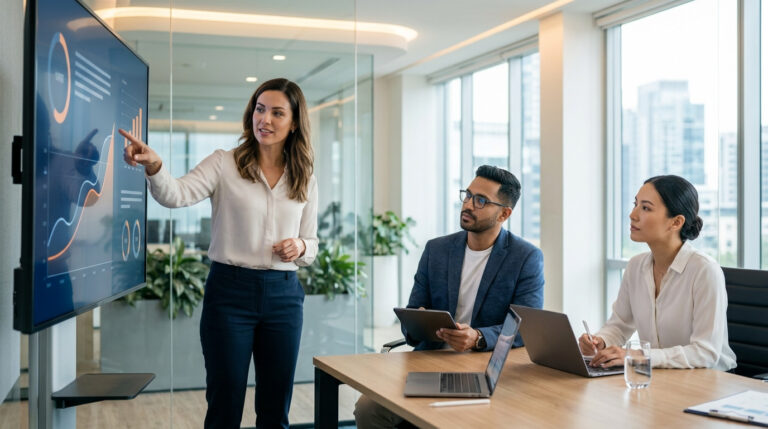 Consultora de negócios apresenta gráficos de desempenho e vendas em tela digital para clientes, demonstrando na prática os benefícios consultoria e-commerce para empresas.