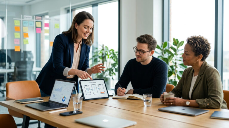 Equipe de planejamento digital reunida em escritório analisa fluxo de telas em tablet para discutir como melhorar a experiência de compra dos clientes do e-commerce.