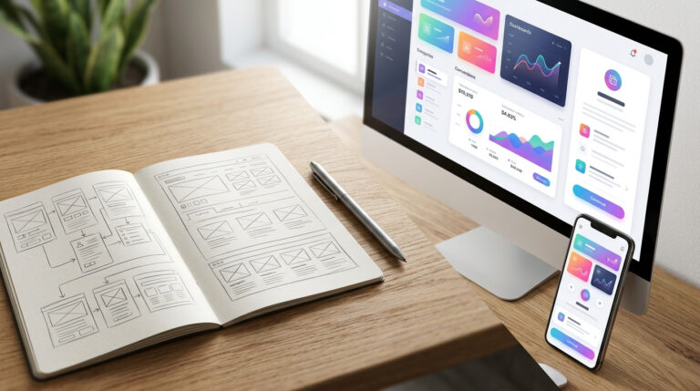 Mesa de trabalho com caderno de esboços de interface, monitor de computador e celular exibindo painel de métricas com gráficos de desempenho, ilustrando na prática como taxa de conversão orienta estratégia de marketing e vendas.