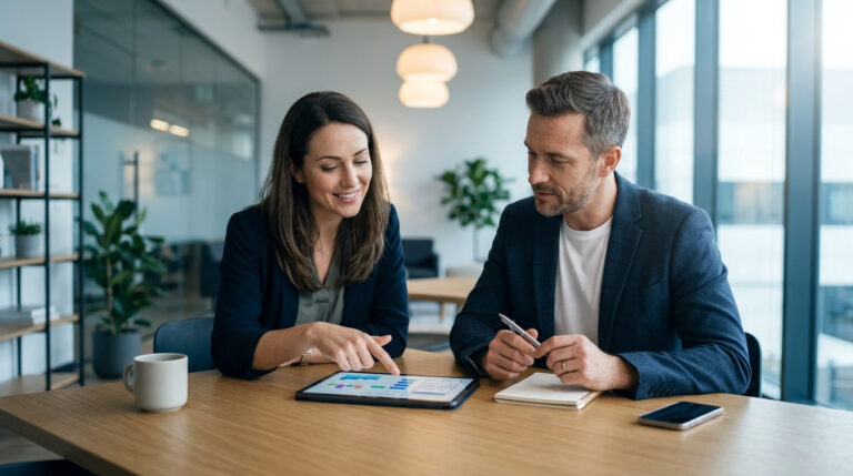 Dois profissionais em escritório moderno analisando gráficos e métricas de vendas em um tablet durante reunião de consultoria de design para e-commerce.