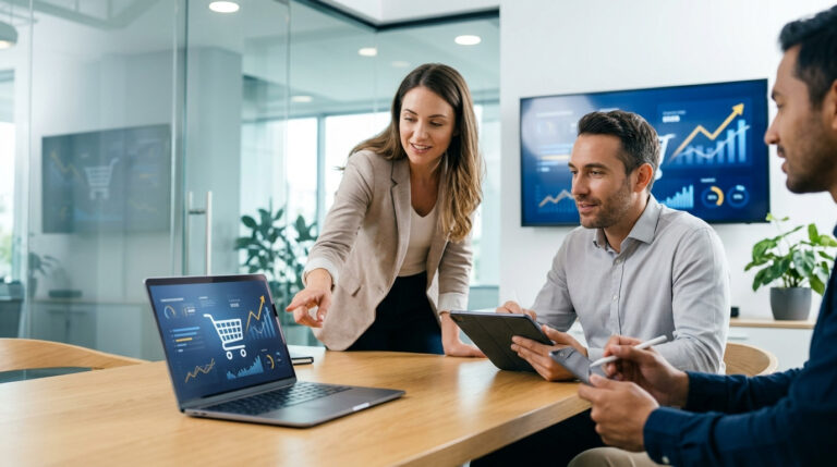 Profissionais analisam gráficos de vendas em notebook durante reunião de negócios, ilustrando como a consultoria e-commerce traz benefícios para o crescimento de lojas virtuais.