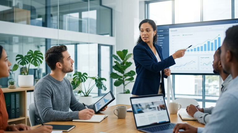 Profissionais reunidos em escritório moderno assistem à apresentação de gráficos de crescimento e métricas durante consultoria em seo para e-commerce.