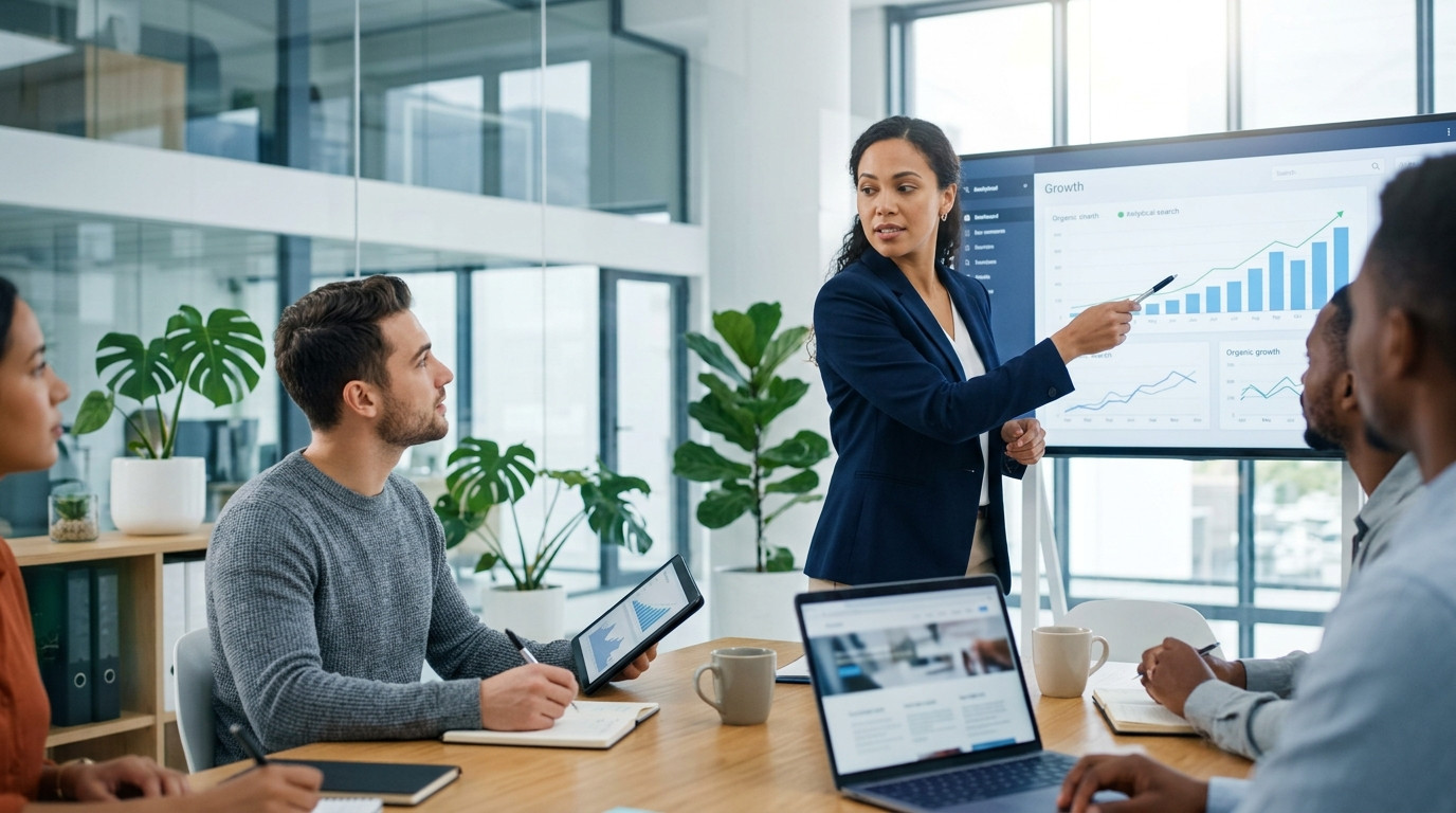 Profissionais reunidos em escritório moderno assistem à apresentação de gráficos de crescimento e métricas durante consultoria em seo para e-commerce.