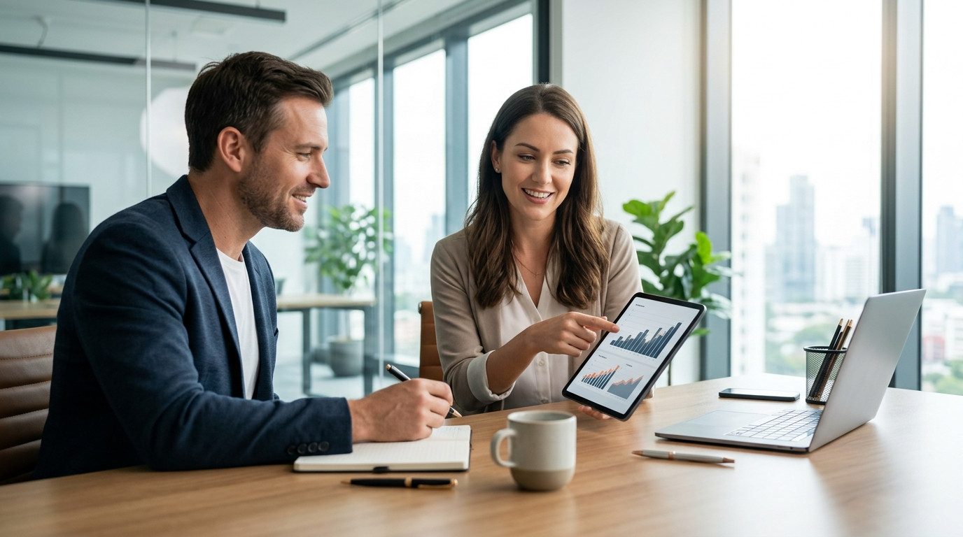 Consultora apresenta gráficos de crescimento de vendas em um tablet para empresário durante reunião de consultoria para e-commerce em escritório moderno.