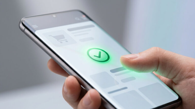 Mão segurando um smartphone que exibe uma tela de compra bem-sucedida com um ícone de check verde brilhante, exemplificando o que é hierarquia visual aplicada para guiar o olhar do usuário até a conversão.