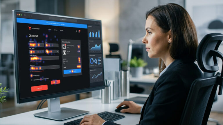 Mulher em escritório analisando interface digital no monitor do computador, exemplificando o design de telas e sistemas onde entender o que é microcopy ajuda a otimizar botões e orientar o usuário.