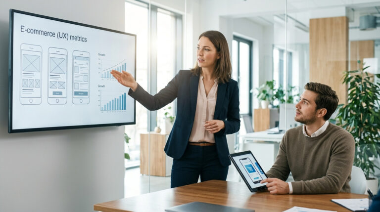 Mulher apresenta métricas de UX de aplicativo de compras em uma tela grande para colega com tablet, analisando dados sobre por que clientes preferem comprar e-commerce a ir à loja física.