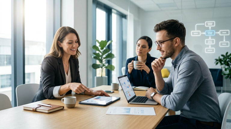 Profissionais de marketing e vendas reunidos em escritório, estruturando uma régua de relacionamento para e-commerce em telas de notebook e tablet.