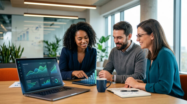Três profissionais reunidos analisando gráficos de desempenho e métricas financeiras em uma tela de notebook, exemplificando o processo de como calcular a frequência de compra de um e-commerce.