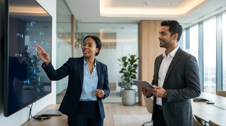Imagem de dois profissionais em uma sala de reunião analisando dados em uma tela digital e tablet, planejando como integrar o VTEX no Shopify para conectar operações com máxima eficiência.